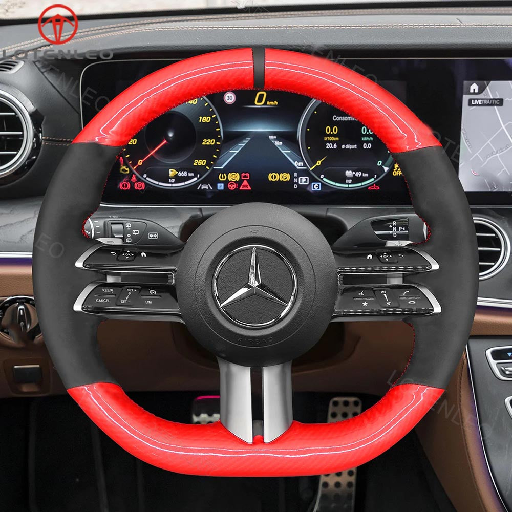 LQTENLEO Carbon Fiber Leather Suede Hand-stitched Car Steering Wheel Cover for Mercedes Benz C-Class W206 / E-Class W213 / S-Class W223 2021