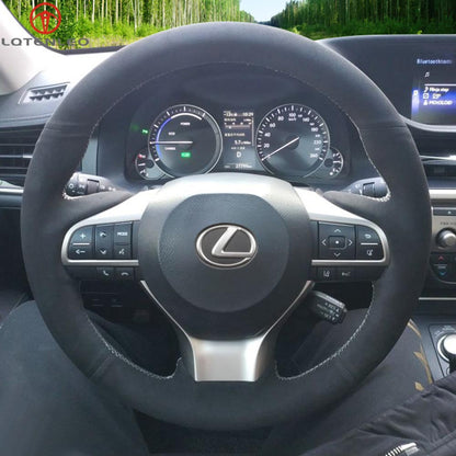 LQTENLEO Black Genuine Leather Suede Hand-stitched Car Steering Wheel Cover for Lexus ES300h ES350 2016-2018
