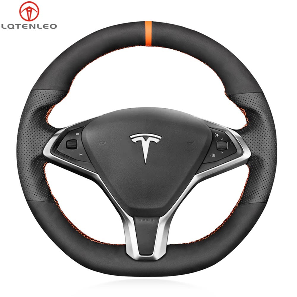 LQTENLEO Carbon Fiber Leather Suede Hand-stitched Car Steering Wheel Cover for Tesla Model S 2012-2021 / Model X 2016-2020