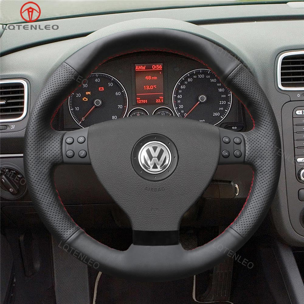 LQTENLEO Carbon Fiber Leather Suede Hand-stitched Car Steering Wheel Cover for Volkswagen VW EOS MK5 2005-2008