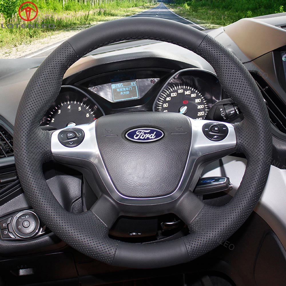 LQTENLEO Black Leather Suede Hand-stitched Car Steering Wheel Cover for Ford Focus / Escape / C-MAX / Grand C-Max /Kuga /Ford Focus III