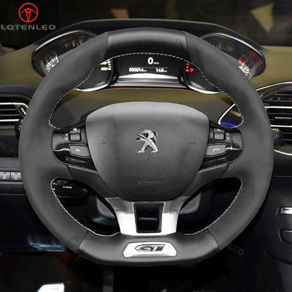 LQTENLEO Carbon Fiber Leather Suede Hand-stitched Car Steering Wheel Cover for Peugeot 208 (GTi/GT Line/GT) / 308 (GT/GTi/GT Line) / 308 SW (GT/GT Line) / 2008 (GT Line)