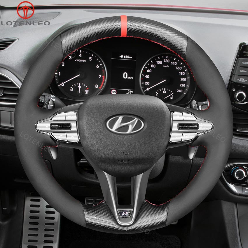 LQTENLEO Alcantara Carbon Fiber Hand-stitched Car Steering Wheel Cover for Hyundai Elantra (N Line) 2021-2024 / Elantra N 2022-2023 / Veloster N 2019-2022 / i20 N 2021-2024 / i20 N Line 2021-2023 / i30 N 2017-2023 / i30 N Line 2017-2023 / Kona N 2021-2023