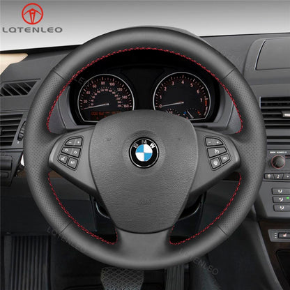 LQTENLEO Black Carbon Fiber Leather Suede Hand-stitched Car Steering Wheel Cover for BMW X3 E83 2005-2010