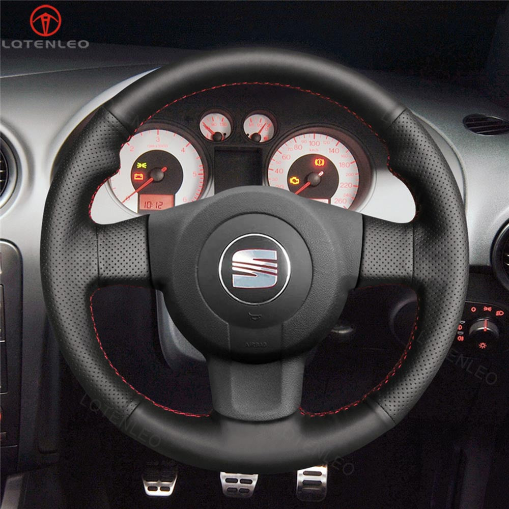 LQTENLEO Black Leather Suede Hand-stitched No-slip Soft Car Steering Wheel Cover for Seat Leon FR|Cupra (MK2 1P) Ibiza FR (6L) 2005-2009