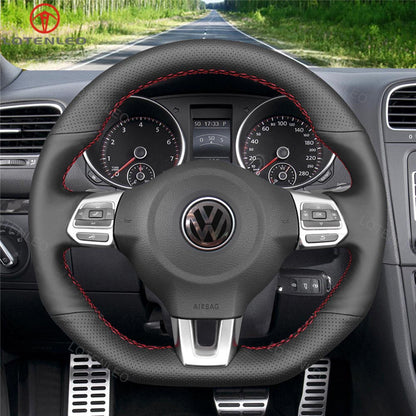 LQTENLOE Carbon Fiber Leather Suede Hand-stitched Car Steering Wheel Cover for Volkswagen VW Golf 6 Polo GTI Scirocco Tiguan (R-Line)