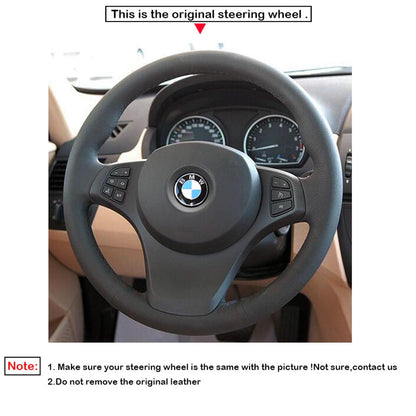LQTENLEO Black Genuine Leather Suede Hand-stitched Car Steering Wheel Cover for for BMW X3 E83 2007-2010 / X5 E53 2000-2006