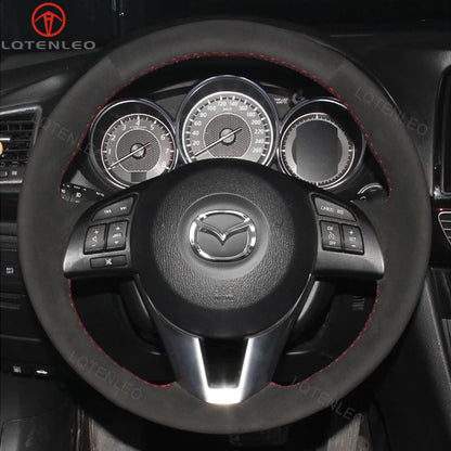 LQTENLEO Carbon Fiber Leather Suede Hand-stitched Car Steering Wheel Cover for Mazda 3 Axela / Mazda 6 Atenza / Mazda 2 / CX-3 / CX-5 / for Scion iA