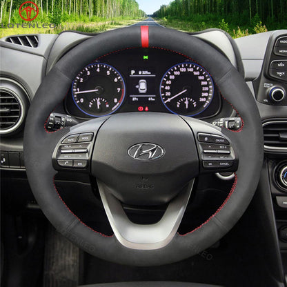 LQTENLEO Black Carbon Fiber Leather Suede Hand-stitched Car Steering Wheel Cove for Hyundai Kona 2017-2023