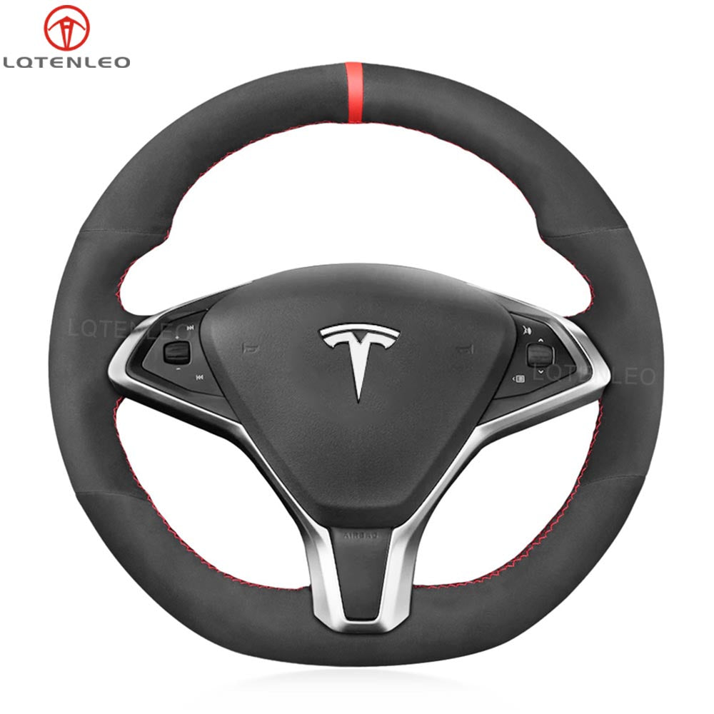 LQTENLEO Carbon Fiber Leather Suede Hand-stitched Car Steering Wheel Cover for Tesla Model S 2012-2021 / Model X 2016-2020