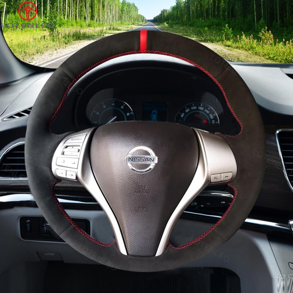 LQTENLEO Black Carbon Fiber Leather Suede Hand-stitched Car Steering Wheel Cover for Nissan Qashqai / X-Trail / Teana / Altima / Sentra / Tiida / Navara / Pulsar / Rogue / Navara D23