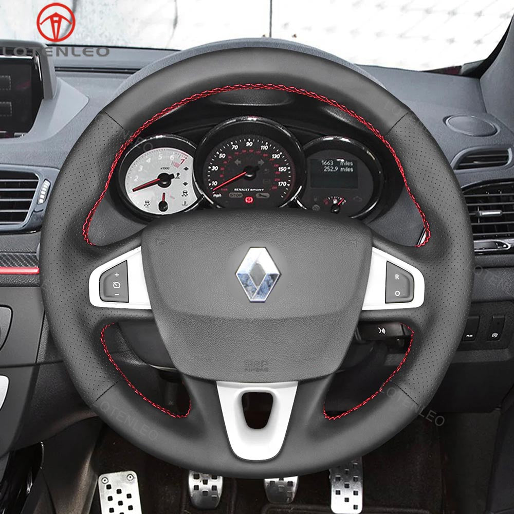 LQTENLEO Black Leather Suede Hand-stitched Car Steering Wheel Cover for Renault Megane 3 (Coupe) RS 2010-2016