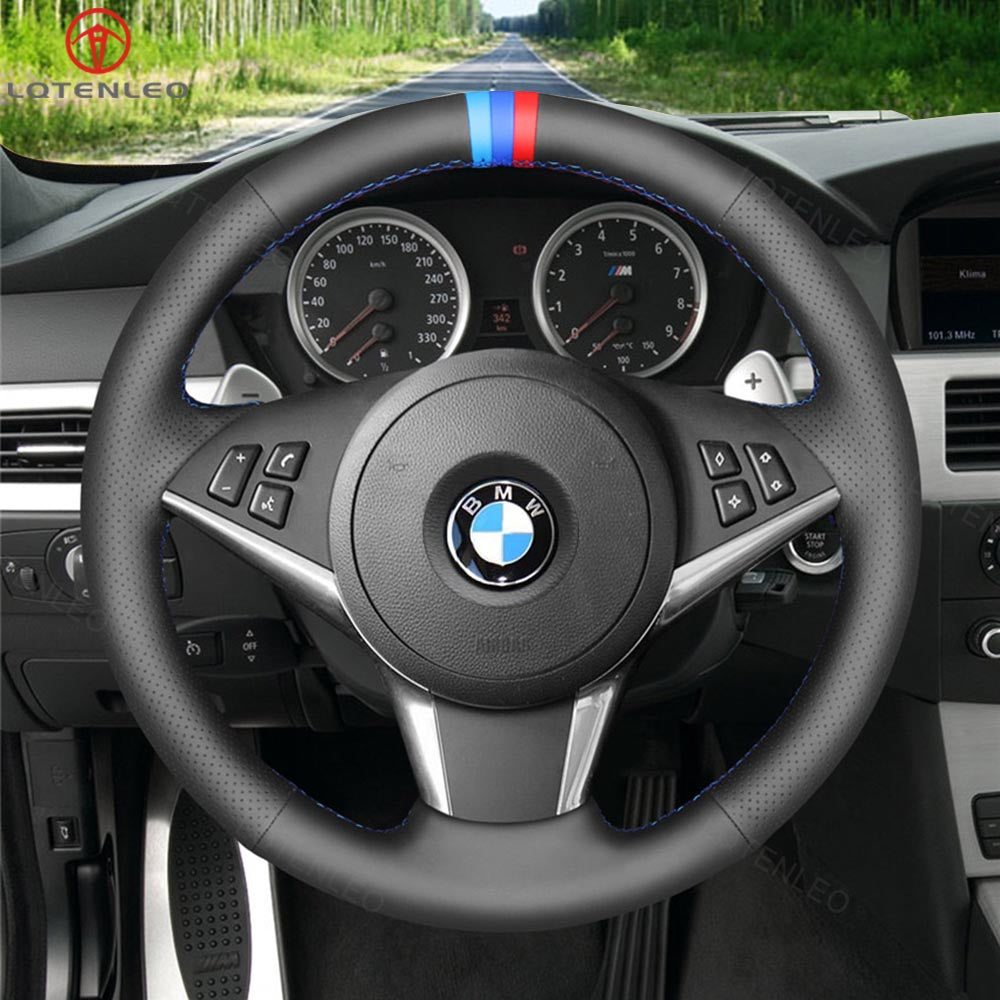 LQTENLEO Black Leather Suede Hand-stitched Car Steering Wheel Cover for BMW 5 Series E60 E61 2003-2010 / 6 Series E63 E64 2004-2009