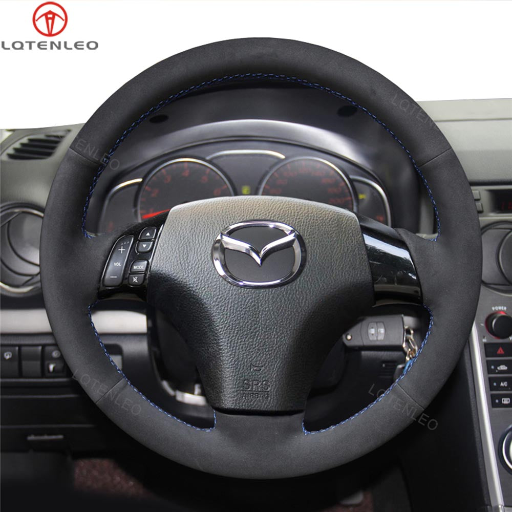 LQTENLEO Black Genuine Leather Suede Hand-stitched Car Steering Wheel Cover for Mazda 3 Axela Mazda 5 Mazda 6 Atenza Mazda MPV