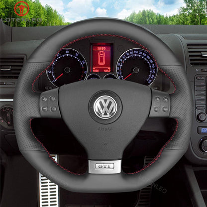 LQTENLEO Carbon Fiber Leather Suede Hand-stitched Car Steering Wheel Cover for Golf GTI 5 (V) / Golf R32 Scirocco / Passat Variant (R-Line) / Tiguan (R-Line)