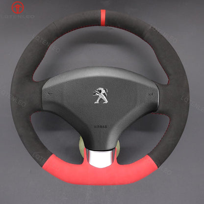 LQTENLEO Black Genuine Leather Suede Hand-stitched Car Steering Wheel Cover for Peugeot 308 308 CC 308 SW RCZ 3008 5008