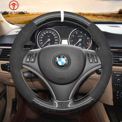 LQTENLEO Black Suede Leather Carbon Fiber Hand-stitched Car Steering Wheel Cover for BMW 1 Series E81 E82 E87 E88 2008-2012 / 3 Series E90 E91 E92 E93 2006-2011 - LQTENLEO Official Store