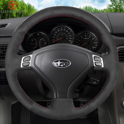 LQTENLEO Black Genuine Leather Suede Hand-stitched Car Steering Wheel Cover for Subaru Forester /Outback /Legacy