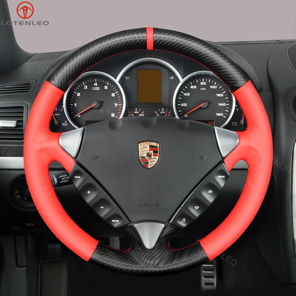 LQTENLEO Carbon Fiber Leather Suede Hand-stitched Carbon Fiber Suede Leather Car Steering Cover for Porsche Cayenne 2003-2010