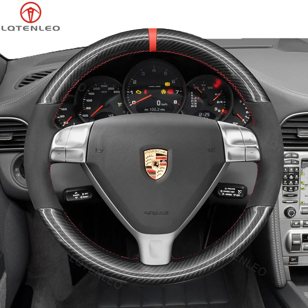 LQTENLEO Alcantara Carbon Fiber Leather Suede Hand-stitiched Car Steering Wheel Cover for Porsche 911 (997) 2005-2009 / Boxster (987) 2005-2009 / Cayman (987) 2006-2009