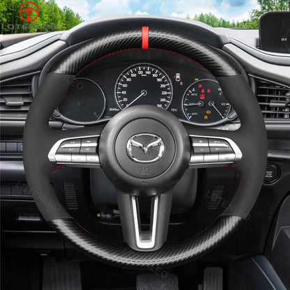 LQTENLEO Alcantara Carbon Fiber Genuine Leather Suede Hand-stitched Car Steering Wheel Cover for Mazda CX-30 CX30 2019-2020 Mazda 3 Axela 2019-2020
