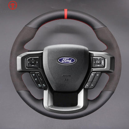 LQTENLEO Black Carbon Fiber Leather Suede Hand-stitched Car Steering Wheel Cover for Ford F-150 F150 Raptor
