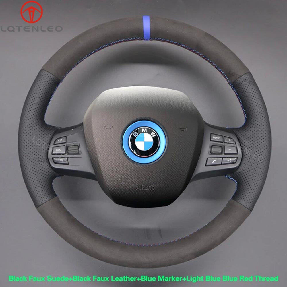 LQTENLEO Black Leather Suede Hand-sttiched Car Steering Wheel Cover for BMW i3 2013-2022 - LQTENLEO Official Store