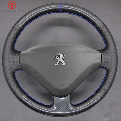 LQTENLEO Black Genuine Leather Suede Hand-stitched Car Steering Wheel Cover for Peugeot 207 Expert Partner