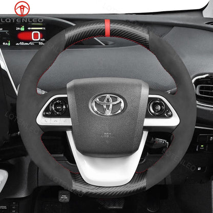 LQTENLEO Carbon Fiber Leather Suede Hand-stitched Car Steering Wheel Cover for Toyota Prius 4 2016-2022 / Prius Prime 2017-2022 / Mirai 2016-2018