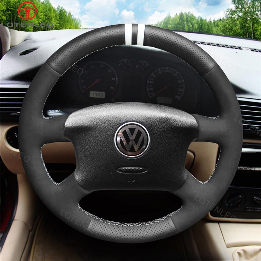 LQTENLEO Carbon Fiber Leather Suede Hand-stitched Car Steering Wheel Cover for Volkswagen Golf 4 (IV) / Passat B5/ Passat Variant/ Sharan/ Bora/T4 /T5 / Jetta/EuroVan