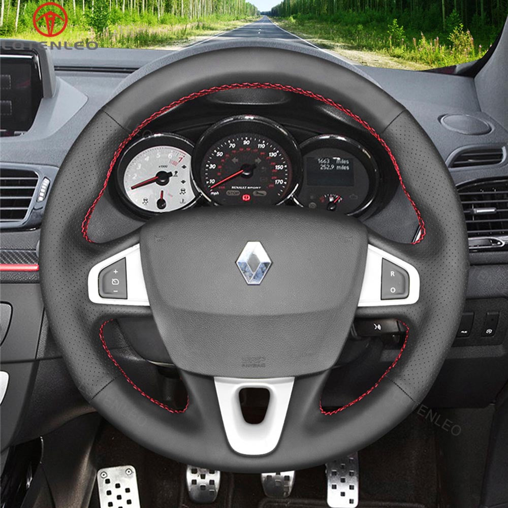 LQTENLEO Black Genuine Leather Suede Hand-stitched Car Steering Wheel Cove for Renault Megane 3/ Scenic 3 (Grand Scenic)/ Kangoo 2/ Fluence (ZE)