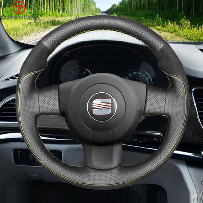 LQTENLEO Black Leather Suede Hand-stitched No-slip Soft Car Steering Wheel Cover for Seat Leon FR|Cupra (MK2 1P) Ibiza FR (6L) 2005-2009