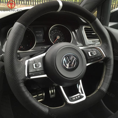 LQTENLEO Carbon Fiber Leather Suede Hand-stitched Car Steering Wheel Cover for Volkswagen VW Golf GTI 7 2015-2021 / Golf R 2015-2019 / Jetta GLI 2015-2018