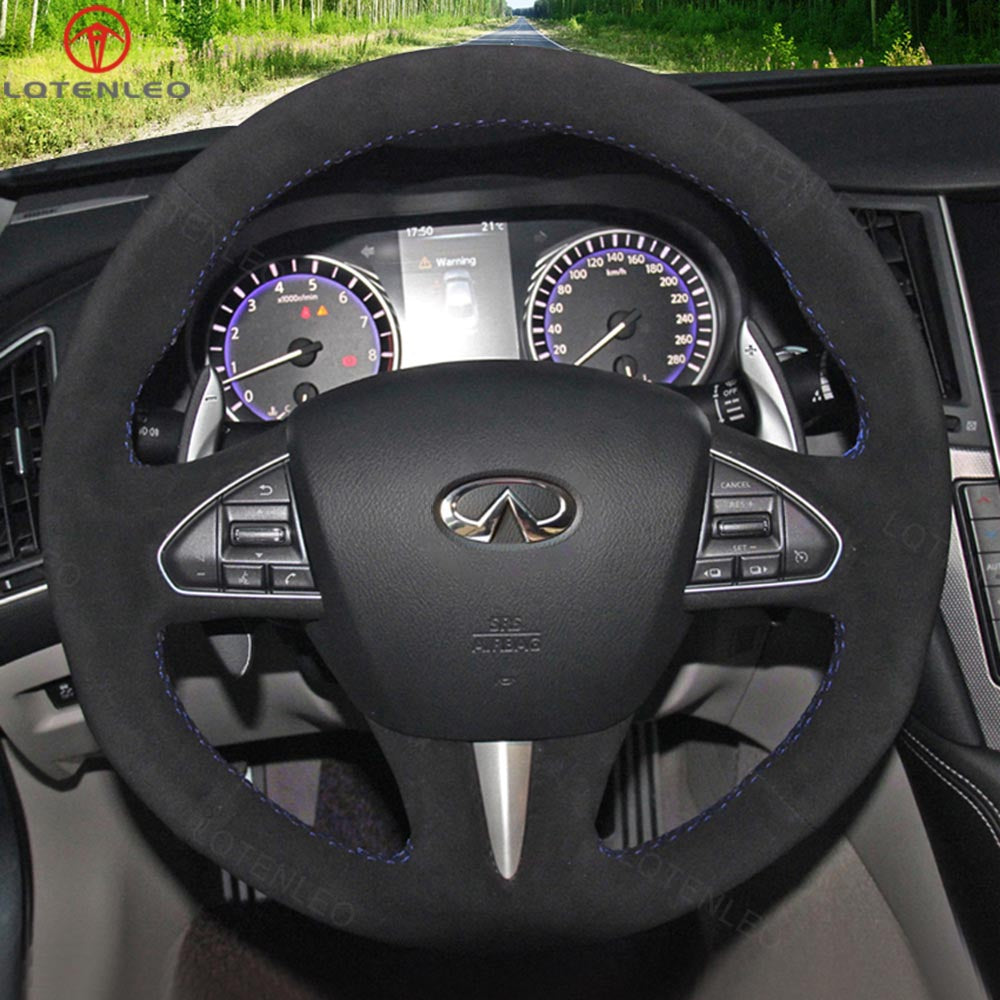 LQTENLEO Carbon Fiber Leather Suede Hand-stitched Car Steering Wheel Cover for Infiniti Q50 2014-2017 / QX50 2015-2017