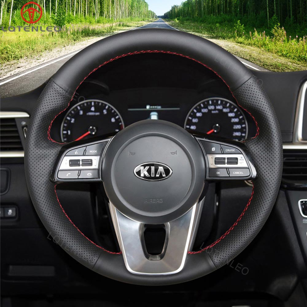 LQTENLEO Black Leather Suede Hand-stitched Car Steering Wheel Cover for Kia K5 Optima 2019 Cee'd Ceed 2019 Forte 2019 Cerato (AU) 2018-2019