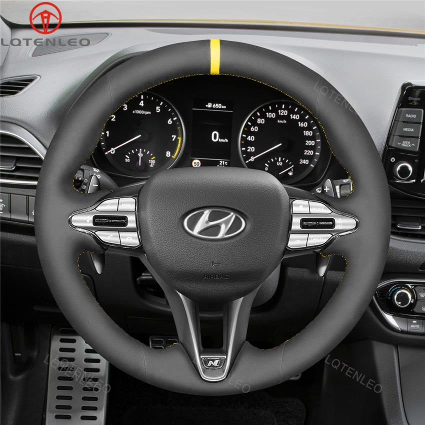LQTENLEO Alcantara Carbon Fiber Hand-stitched Car Steering Wheel Cover for Hyundai Elantra (N Line) 2021-2024 / Elantra N 2022-2023 / Veloster N 2019-2022 / i20 N 2021-2024 / i20 N Line 2021-2023 / i30 N 2017-2023 / i30 N Line 2017-2023 / Kona N 2021-2023
