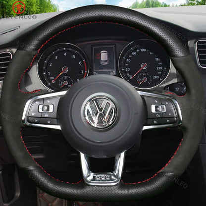 LQTENLEO Carbon Fiber Leather Suede Hand-stitched Car Steering Wheel Cover for Volkswagen VW Golf GTI 7 2015-2021 / Golf R 2015-2019 / Jetta GLI 2015-2018