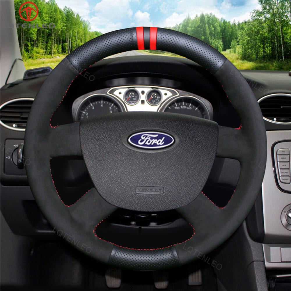 LQTENLEO Black Carbon Fiber Leather Suede Hand-stitched Car Steering Wheel Cover for Ford Focus C-Max Transit Connect
