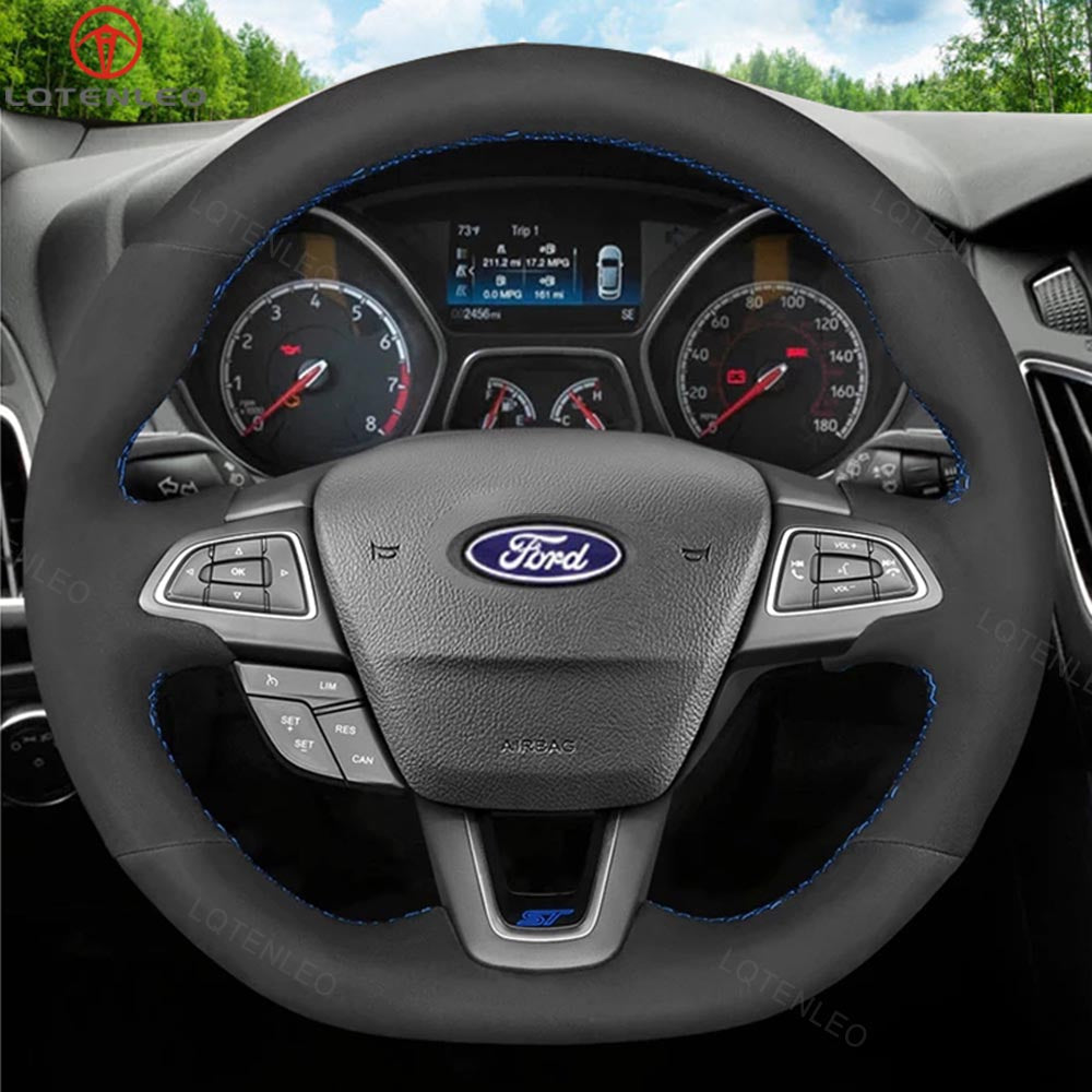 LQTENLEO Carbon Fiber Leather Suede Hand-stitched Car Steering Wheel Cover for Ford Focus ST/ Focus ST-Line/ Focus RS/ Ecosport ST-Line/ Kuga/ Escape