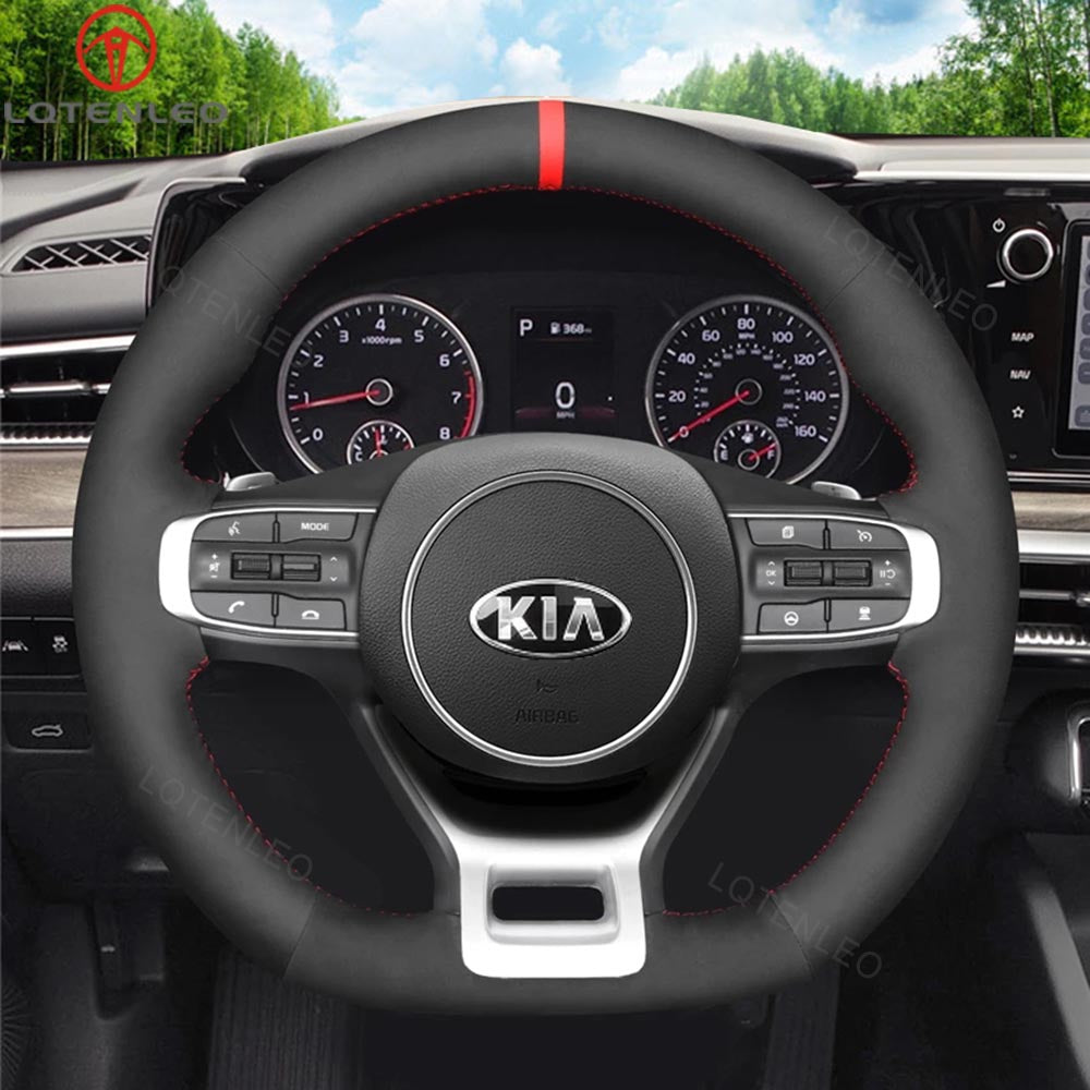 LQTENLEO Alcantara Leather Suede Carbon Fiber Hand-stitched Car Steering Wheel Cover for Kia Optim / Kia K5 GT GT-Line Sedan