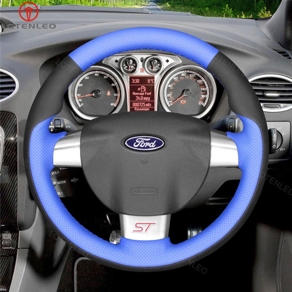 LQTENLEO Black Leather Suede Hand-stitched Car Steering Wheel Cover for Ford Focus ST / Focus RS