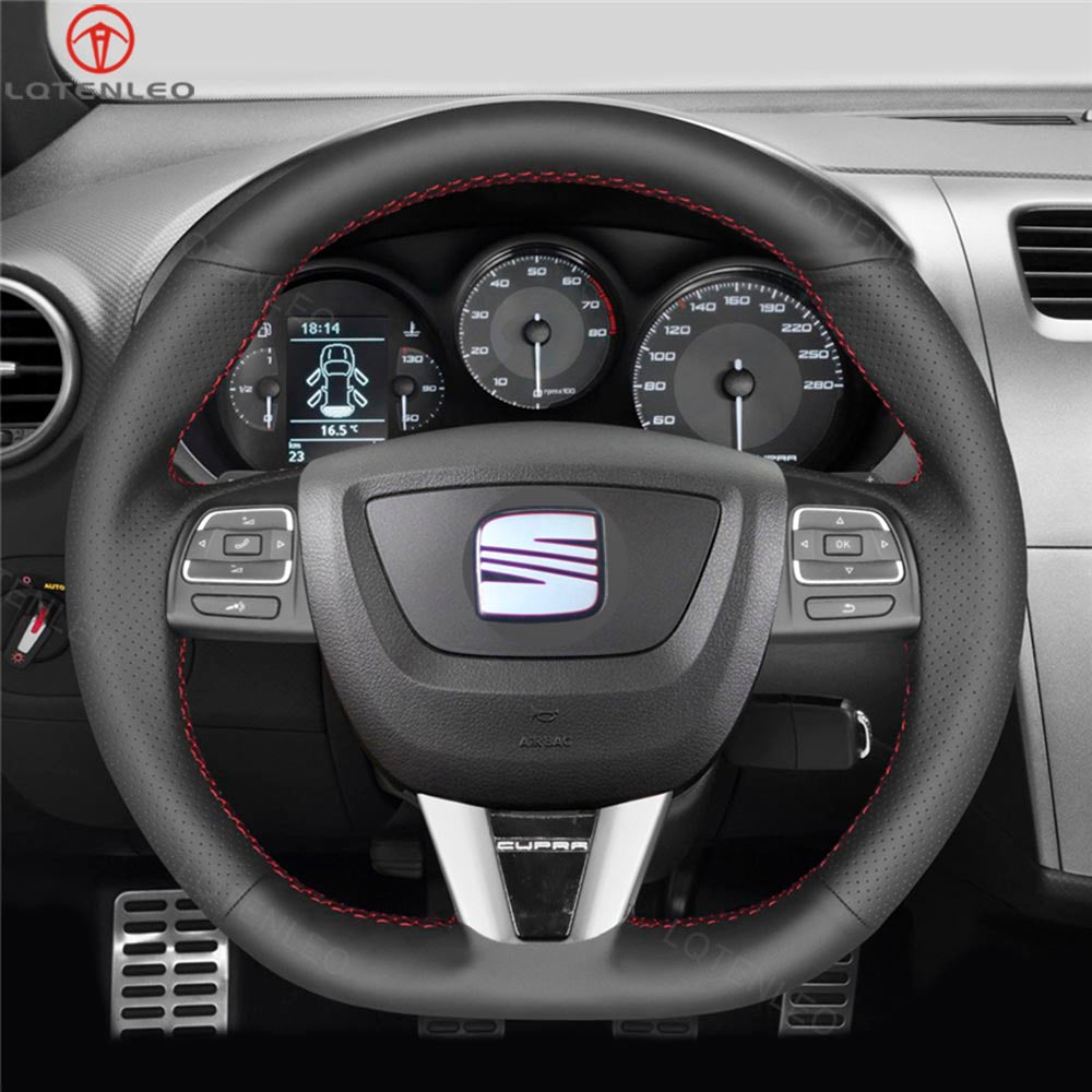 LQTENLEO Black Leather Suede Hand-stitched Soft Car Steering Wheel Cover for Seat Leon Cupra 2008-2012 Toledo Alhambra 2010-2015 Altea 2008-2011