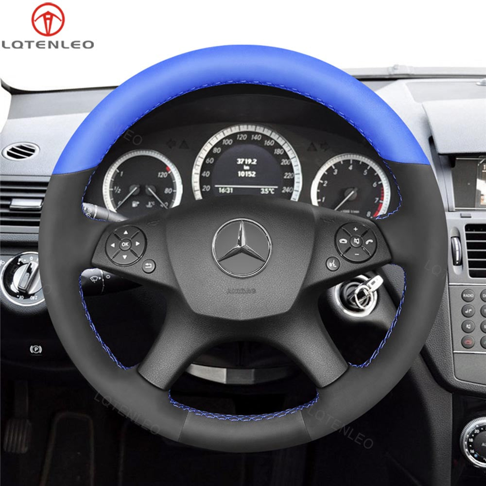 LQTENLEO Black Carbon Fiber Leather Suede Hand-stitched Car Steering Wheel Cover for Mercedes Benz C-Class W204 2007-2011