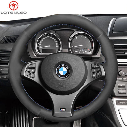 LQTENLEO Black Leather Suede Hand-stitched Car Steering Wheel Cover for BMW X3 E83 2007-2010