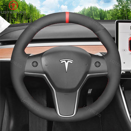 LQTENLEO Alcantara Carbon Fiber Leather Suede Hand-stitched Car Steering Wheel Cover for Tesla Model 3 2017-2020 / Model Y 2020-2021