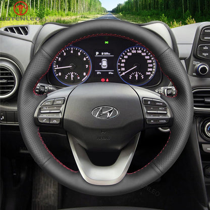 LQTENLEO Black Carbon Fiber Leather Suede Hand-stitched Car Steering Wheel Cove for Hyundai Kona 2017-2023