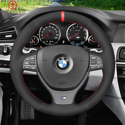 LQTENLEO Carbon Fiber Leather Suede Hand-stitched Car Steering Wheel Cover for BMW M Sport F10 F11 F07 / M5 F10 2011-2013 / F12 F13 F06 / F01 F02