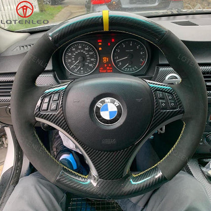 LQTENLEO Suede Leather Carbon Fiber Hand-stitched Car Steering Wheel Cover for BMW 1 Series E81 E82 E87 E88 2008-2012 / 3 Series E90 E91 E92 E93 2006-2011