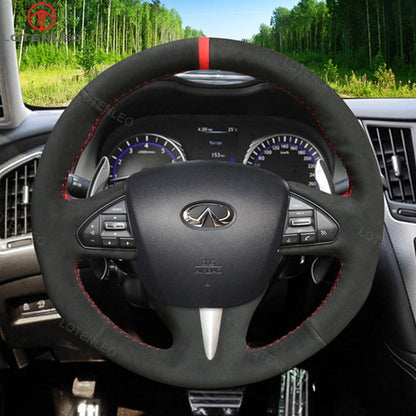 LQTENLEO Carbon Fiber Leather Suede Hand-stitched Car Steering Wheel Cover for Infiniti Q50 2014-2017 / QX50 2015-2017