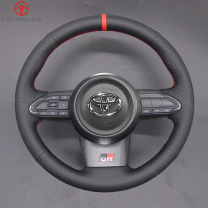 LQTENLEO Alcantara Carbon Fiber Leather Suede Hand-stitched Car Steering Wheel Cover for Toyota Yaris GR 2020-2022